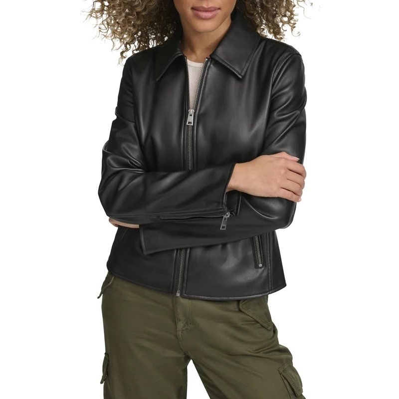Levi's Women's Laydown Collar Racer Jacket Faux Leather, Black, S