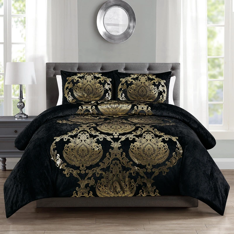 Sunshine Nicole Metallic Print Comforter Set Bedding, Distressed Velvet Face with Metallic Foil Print and Brushed Solid Microfiber Reverse, with Light Weight Soft Poly Fill, 3 Pieces Black Gold, King