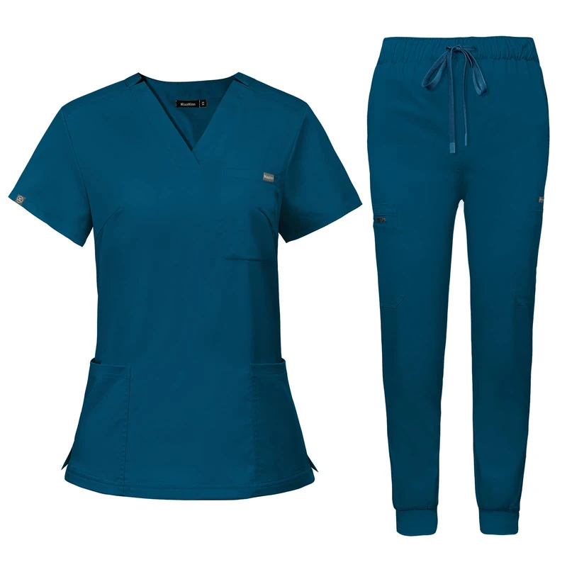 niaahinn Scrub for Women Scrubs Top with Classic V-Neck & Yoga Jogger Pants Medical Nursing Uniform Scrub Set (Caribbean Blue, S)