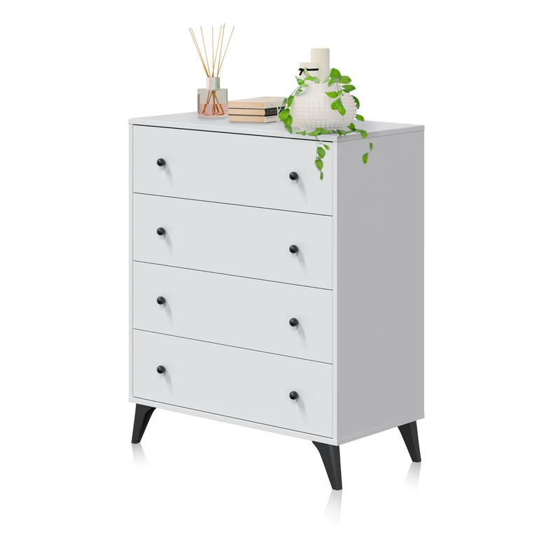 duehome | Chest of 4 Drawers for Bedroom, Iconic Model, Artik White and Black Finish, Dimensions: 77.5 cm (L) x 95 cm (H) x 40 cm (D)