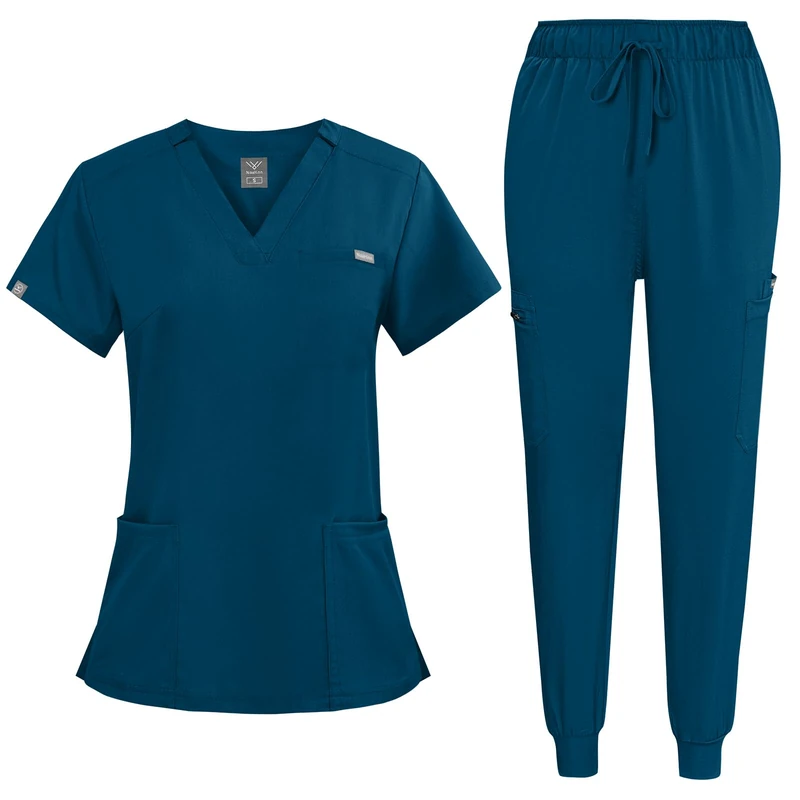 niaahinn Scrub for Women Scrubs Top with Classic V-Neck & Yoga Jogger Pants Medical Nursing Uniform Scrub Set (Caribbean Blue, XL)
