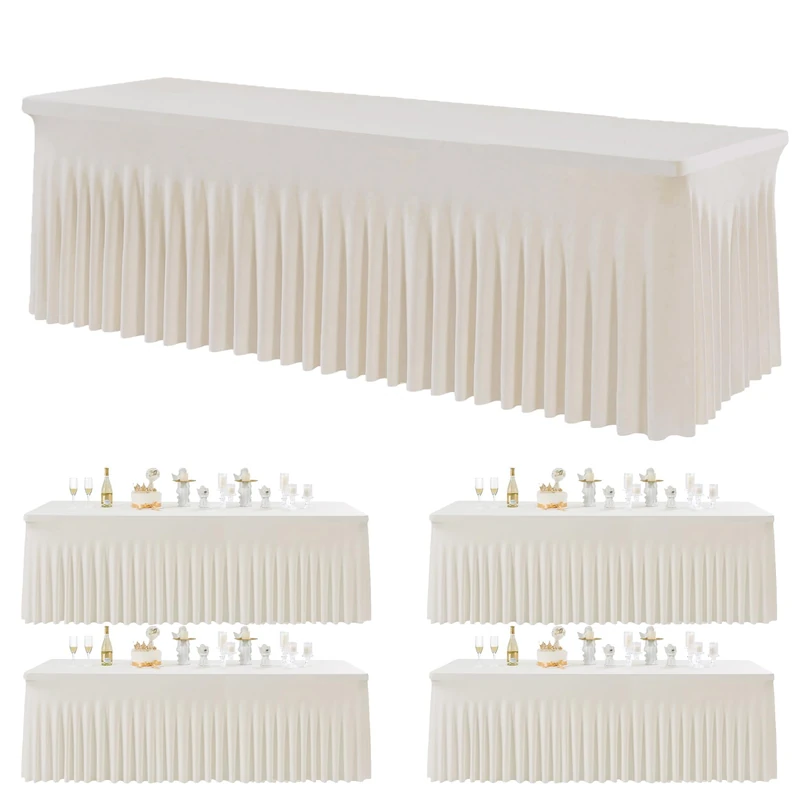 Htper 4 Pack Spandex Ivory Tablecloths for 8 Foot Rectangle Tables, Wrinkle Free Stretchy Table Clothes 8 ft Fitted Tablecover Desk Skirt for Parties Weddings Birthday Banquet Baby Shower