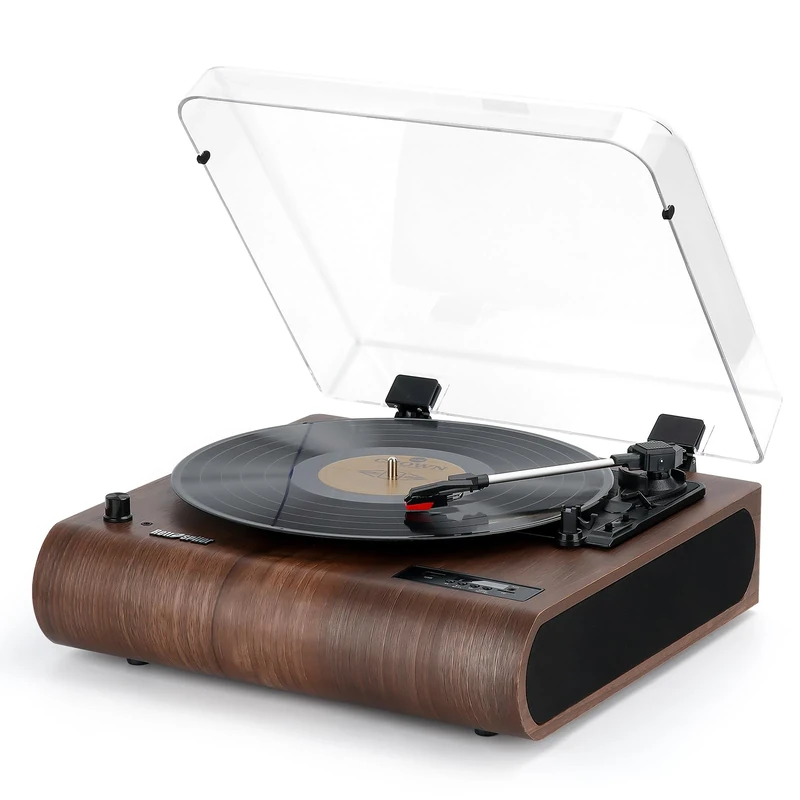 Record Player, 3 Speed Bluetooth Turntable with Built-in Speakers, FM Radio, Vinyl-MP3 Encoding, USB & SD Playback, LED Screen, Wooden Retro LP Player