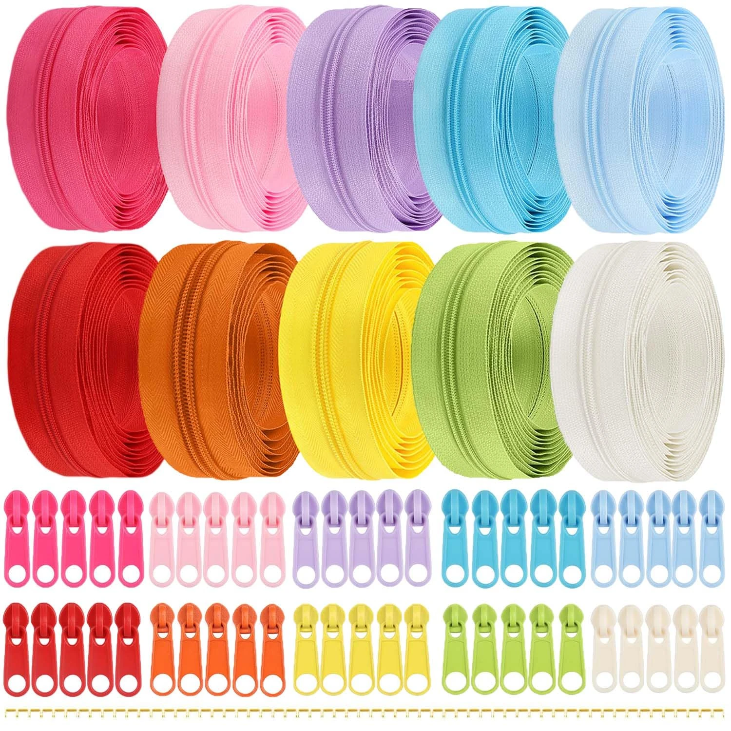 Cnwinu 30M Sewing Zippers Bulk, 10 Colours DIY Zipper Separable with 50 Sliders Set, Zip Repair Kit for Sewing, Crafting, Trousers, Clothing and Bags (10 Colors-Model 1)
