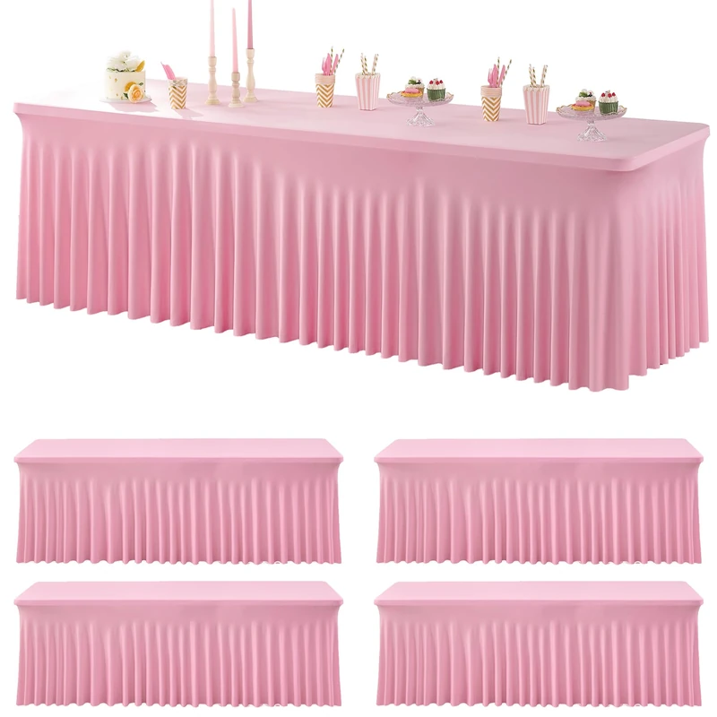4 pk Spandex Tablecloths for 8 Foot Rectangle Tables, Pink Stretch Table Cloth 8ft Fitted Tablecover Desk Skirt for Parties Weddings Birthday Banquet Baby Shower