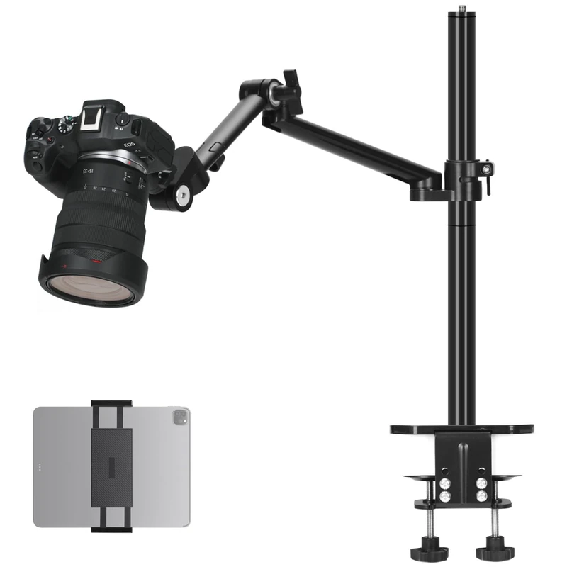 TARION Camera Arm Desk Mount: Heavy Duty DSLR Desktop Mount Camera Stand with Tablet Holder Double C Clamp 1/4 3/8 Screw Adapter Articulating Arm for Selfie Streaming Videography TitanRig Lite Z