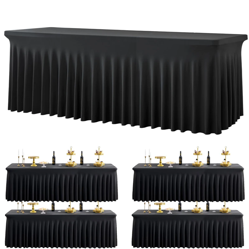 4 Pack Black Spandex Tablecloths for 8 Foot Rectangle Tables, Wrinkle Free Stretchy Table Cloth 8ft Fitted Tablecover Skirt for Parties Weddings Birthday Banquet Baby Shower