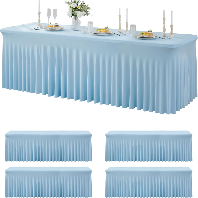 Htper 4 Pack Spandex Baby Blue Tablecloth for 8 Foot Rectangle Tables, Wrinkle Free Fitted Table Cloth 8ft Stretchy Light Blue Tablecover Desk Skirt for Birthday Party Wedding Banquet Baby Shower