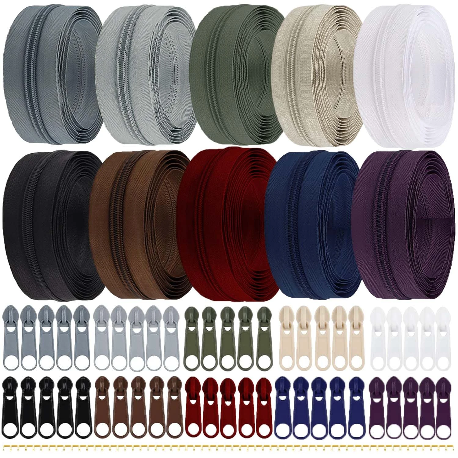 Cnwinu 30M Sewing Zippers Bulk, 10 Colours DIY Zipper Separable with 50 Sliders Set, Zip Repair Kit for Sewing, Crafting, Trousers, Clothing and Bags (10 Colors-Model 2)