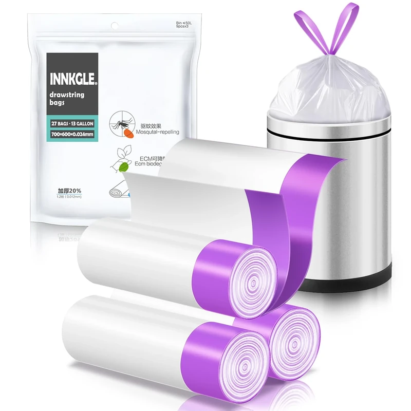 INNKGLE Bin Bags 30-50L Bin Liners White Drawstring Biodegradable Trash Bags with Fresh Scent,No-Tear Feature, Durable & Leak-Proof Waste Bags, 60x70cm, Rubbish Bags for Multi-Scene Use