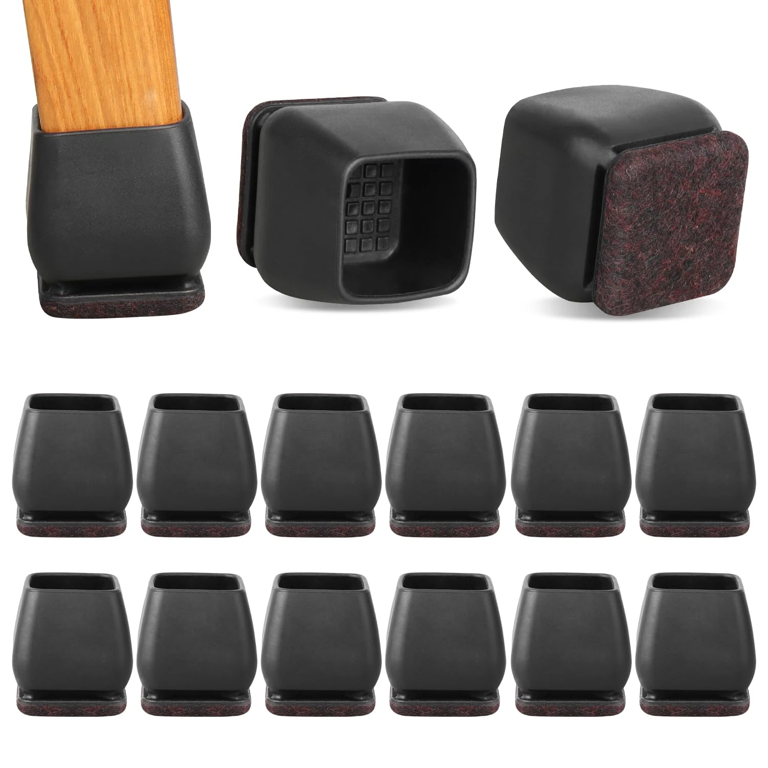 RCHYFEED Square Chair Leg Floor Protectors, 24Pcs Black Silicone Chair Leg Floor Protectors, 0.75-1.25 inch Chair Leg Caps, Furniture Cup with Felt Pads, No Scratches and No Noise（1.25"Square）