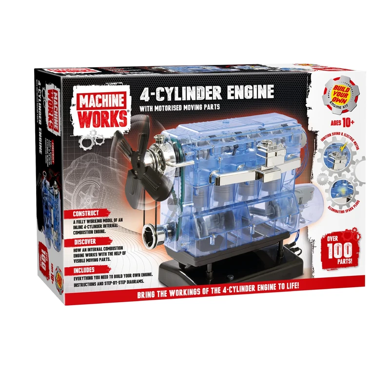 Machine Works - Build Your Own 4-Cylinder Petrol Car Engine Replica Model Building Kit - Features Real Sounds and Illumination, 100+ Pieces, 8+ Years, Metallic Grey