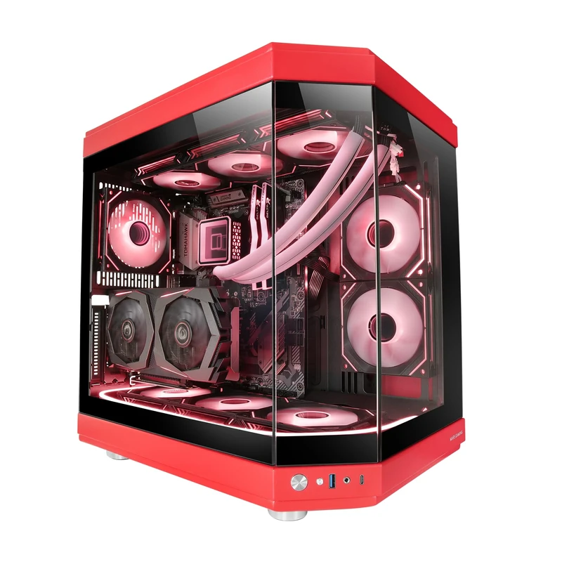 Mars Gaming MC-3T, Custom ATX Gaming Case, Triple Window Continuous Tempered Glass, Full Liquid Cooling Support, Dual Side Camera, 3x Vertical PCI Slots, USB-C and USB 3.0, Red
