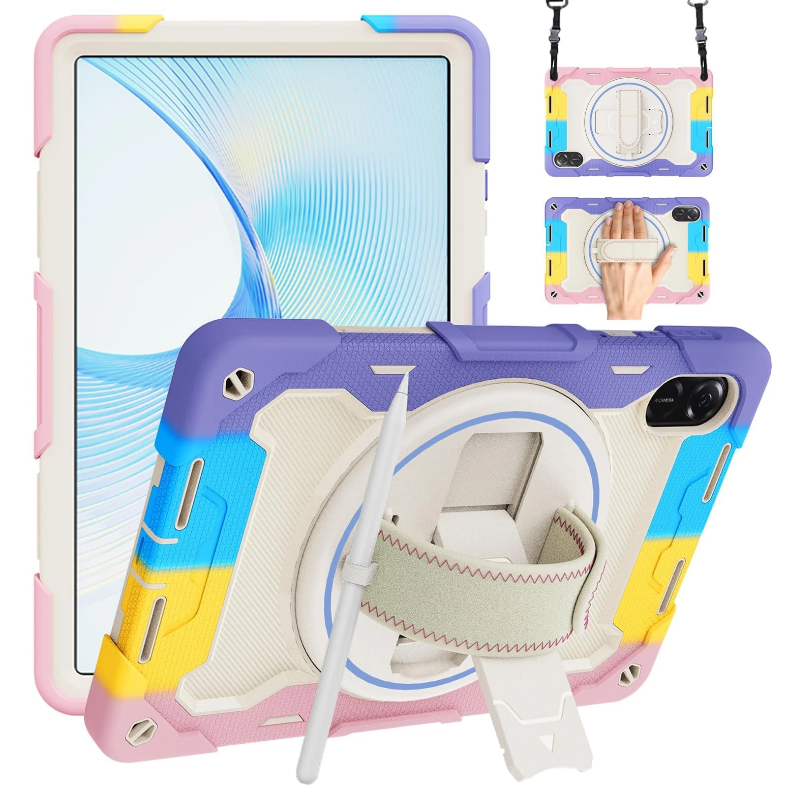 Junfire Case for Honor Pad X9 / X8 Pro 11.5 inch 2023, Rugged Protective Case with Rotating Kickstand Hand Strap Shoulder Belt for Honor Pad X9 Case, Colorful Pink