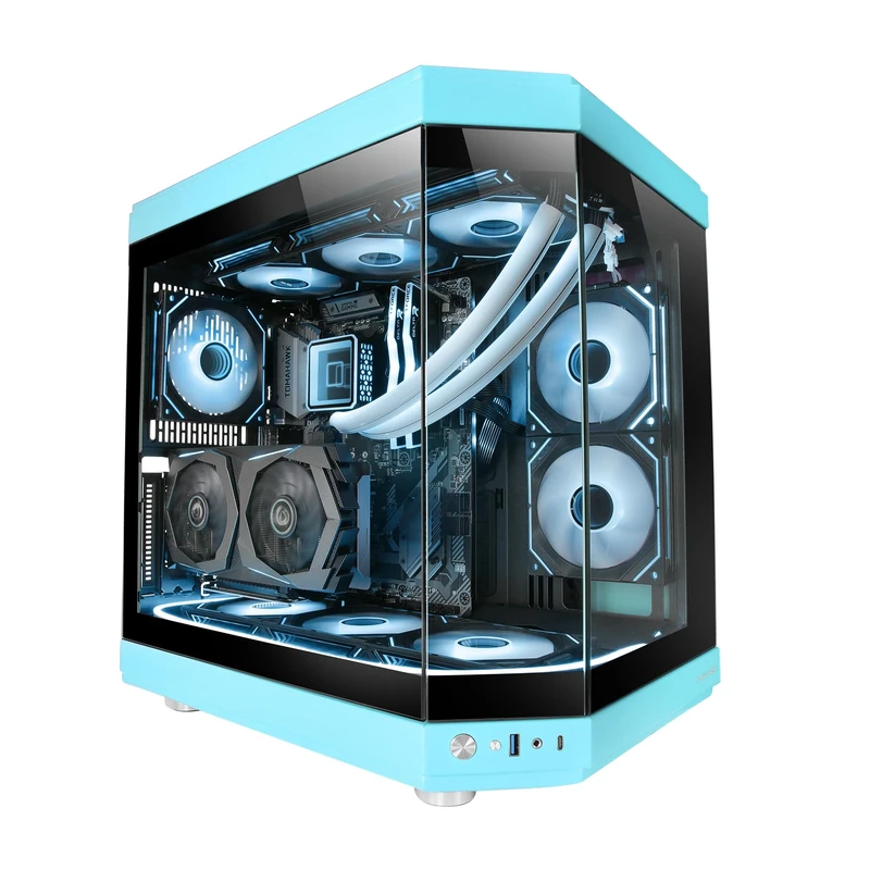 Mars Gaming MC-3T, Custom ATX Gaming Case, Triple Window Continuous Tempered Glass, Full Liquid Cooling Support, Dual Side Camera, 3x Vertical PCI Slots, USB-C and USB 3.0, Blue