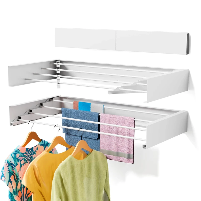 ZMBESUP Laundry Drying Rack Collapsible, Wall Mounted Drying Rack, Clothes Drying Rack, Retractable Wall Drying Rack, 24" Wide, 11.2 Linear Ft, 4 Aluminum Rods, 60 lb Capacity (White, 23.6'')