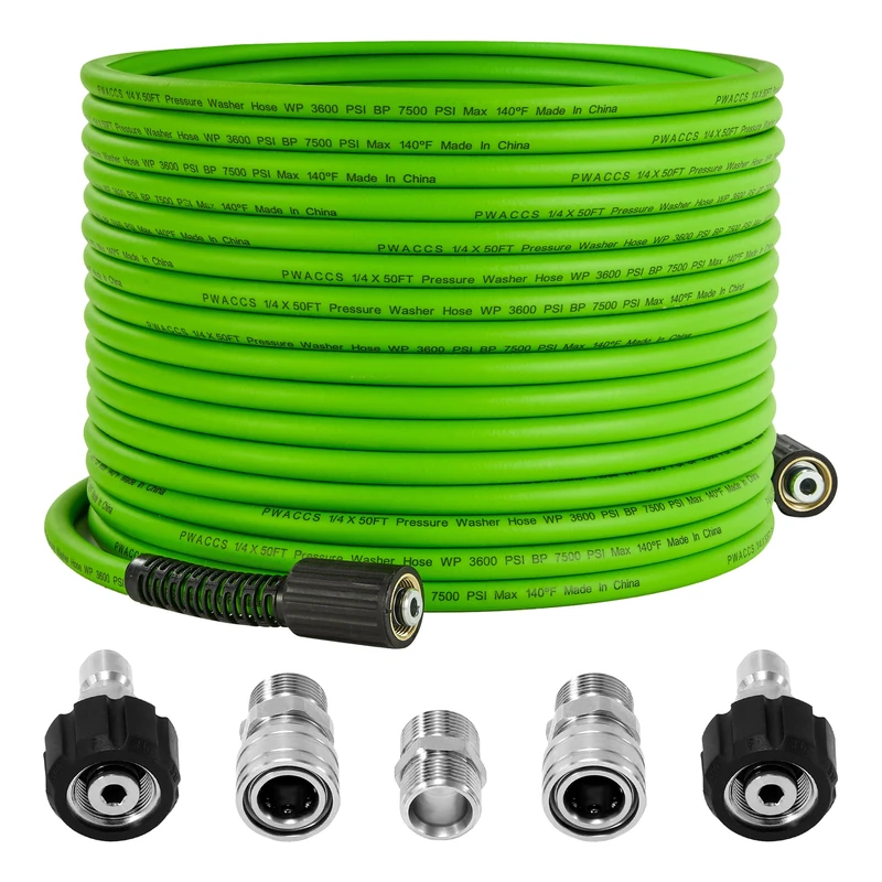 PWACCS Pressure Washer Hose 50 FT x 1/4", Power Washer Hose Kink Resistant, Universal High-Pressure Washing Extension Hoses Replacement, Compatible with M22 Stainless Steel Fittings, 3600 PSI, Green