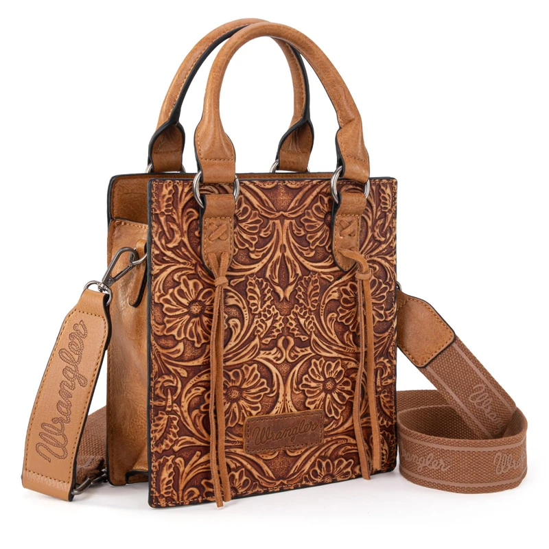 Wrangler Small Crossbody Bag for Women Tooling Top Handle Handbags and Mini Tote Bag, Angel Light Brown