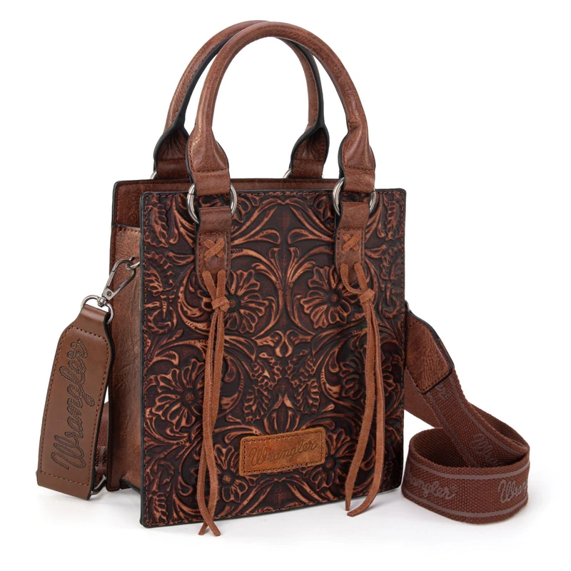 Wrangler Small Crossbody Bag for Women Tooling Top Handle Handbags and Mini Tote Bag, Angel Brown