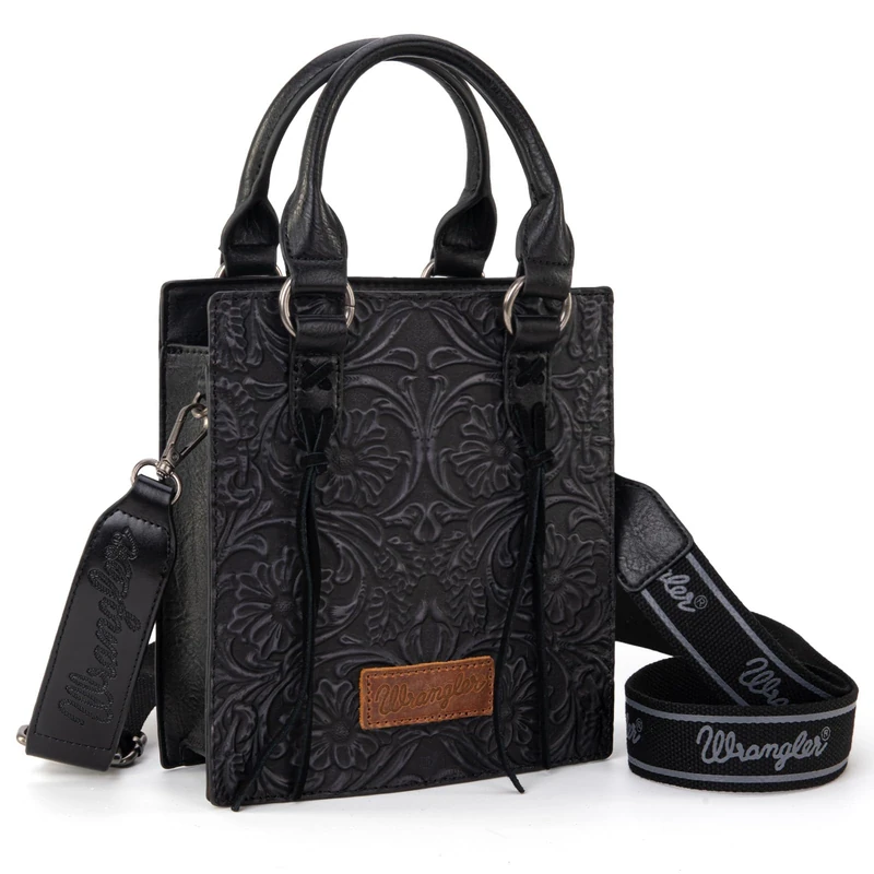Wrangler Small Crossbody Bag for Women Tooling Top Handle Handbags and Mini Tote Bag, Angel Black