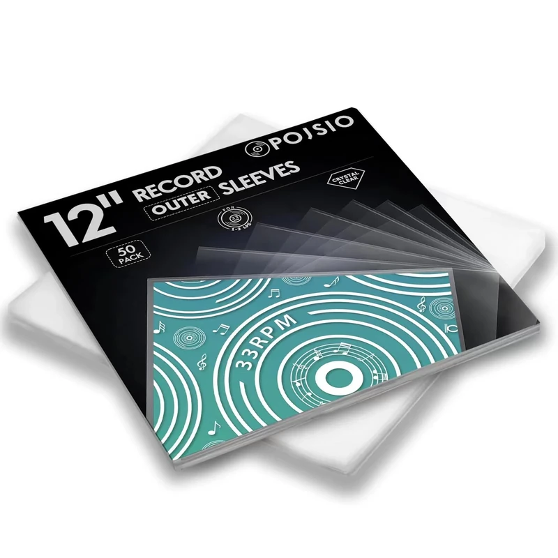 POJSIO 12 Inch Vinyl Record Sleeves Outer,50 x Record Sleeves 12 Inch | 3 Mils Thick | Crystal Clear High-Density Polypropylene Plastic Vinyl Protective Album Cover for Single Double LPs