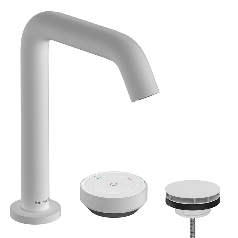 hansgrohe Tecturis S - 2-Hole Bathroom tap with Waste Set, Energy-Saving (CoolStart), Bathroom Sink tap with spout Height 151 mm, Basin Mixer tap Water-Saving (EcoSmart+), matt White, 73353700