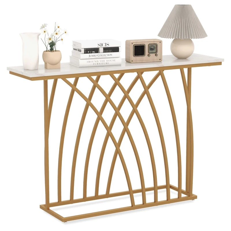 CASART Console Table, 120cm Long Faux Marble Top Entryway Table with Geometric Metal Base, Gold Hallway Table Entrance Table for Living Room Corridor