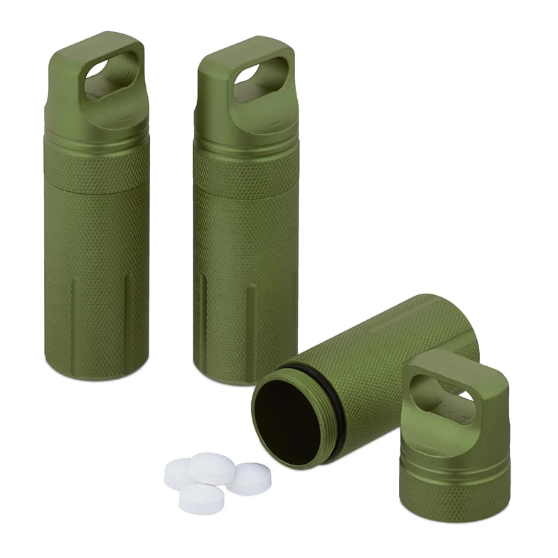 Relaxdays Set of 3 Waterproof Capsule, Pillbox Keychain, for On-the-Go, Aluminium, Key Ring, HWD: 9.5 x 3 x 3 cm, Green