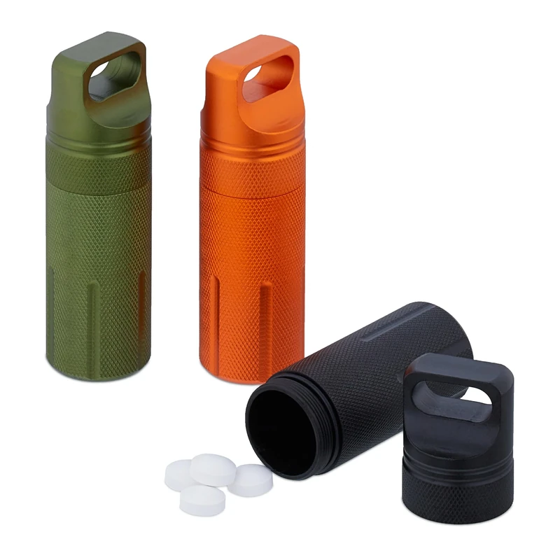 Relaxdays Set of 3 Waterproof Capsule, Pillbox Keychain, for On-the-Go, Aluminium, Key Ring, 9.5 x 3 x 3 cm, Colour Mix