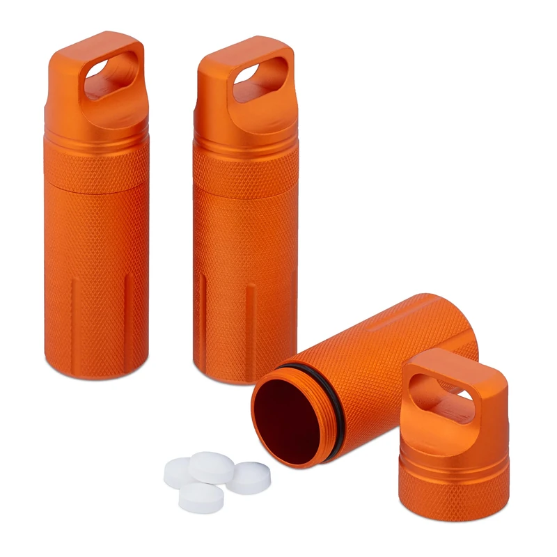 Relaxdays Set of 3 Waterproof Capsule, Pillbox Keychain, for On-The-Go, Aluminium, Key Ring, HWD: 9.5 x 3 x 3 cm, Orange