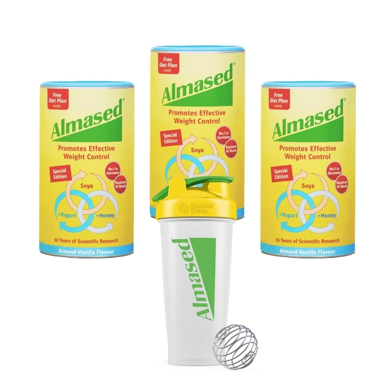 Almased - SOYA, Yogurt & Honey Meal Replacement for Weight Control, Almond-Vanilla Flavour, 500g Triple Pack and Shaker Bundle