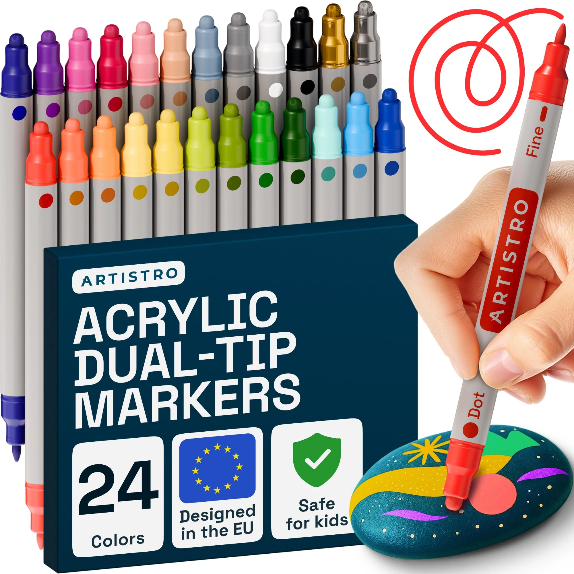 ARTISTRO Paint Pens Markers for Rock, Fabric, Wood, Glass, Craft, Decoration - Dual-Tip Paint Markers - Stocking Fillers Idea for Teens, Grandkids, Kids - Art Supplies- 24 Colours