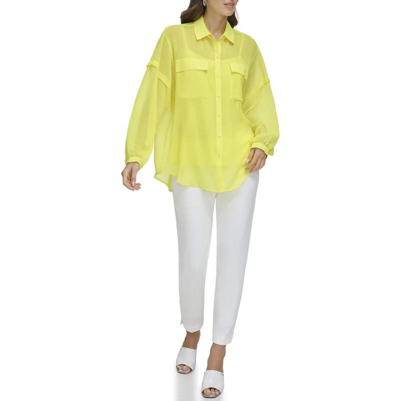 DKNY Women's Long Sleeve 2 Pocket Flange Chiffon Shirt Blouse, Limonata, XL