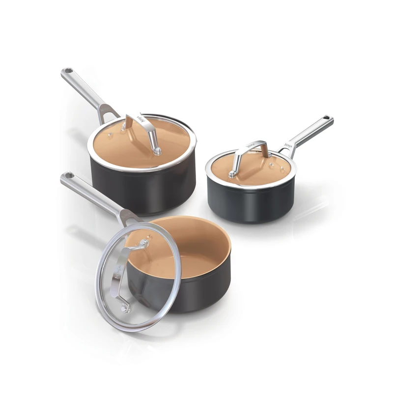 Ninja Extended Life 3-Piece Ceramic Saucepan Set,(16, 18 & 20cm Saucepans with Lids), Non-Stick(No PFAs, PFOAs, Lead or Cadmium), Induction Compatible, Oven Safe to 285°C, Terracotta & Grey, CW93000UK