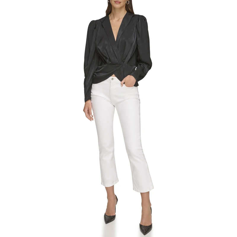 DKNY Women's Long Sleeve V-Neck Satin Wrap Shirt Blouse, Black, XS