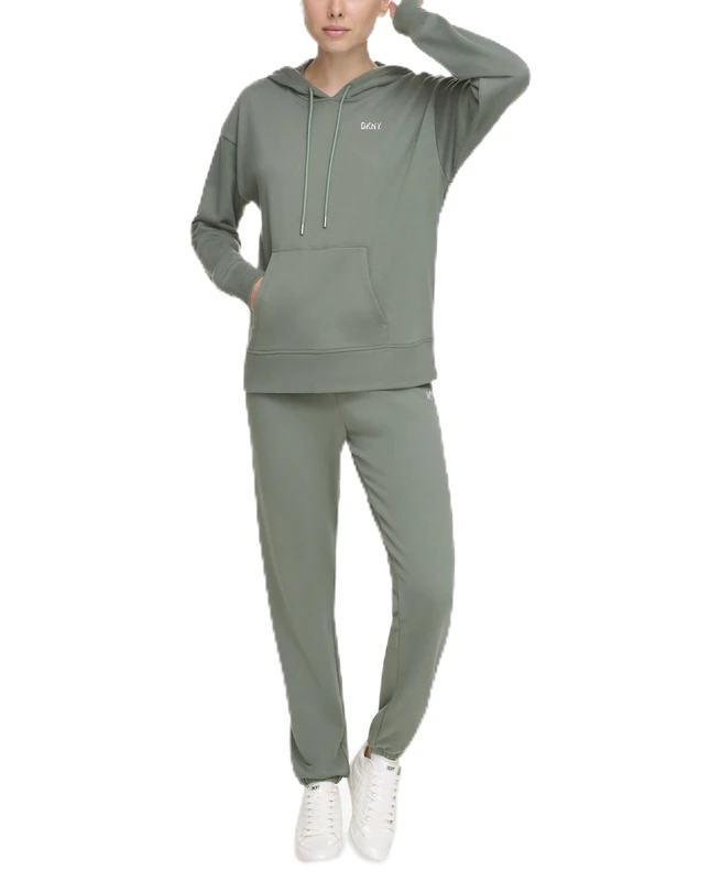 DKNY Women's Metallic Logo Hoodie Hooded Sweatshirt, Duck Green, XL