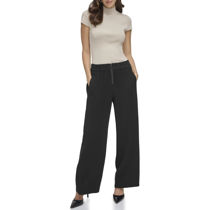 DKNY Women's Pull On Wide Leg Twill Trousers Casual Pants, Black,