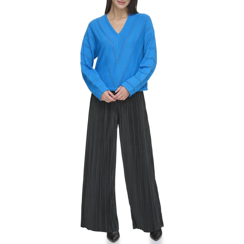 DKNY Pointelle Women's Long Sleeve V-Neck Sweater, Electric Blue, L