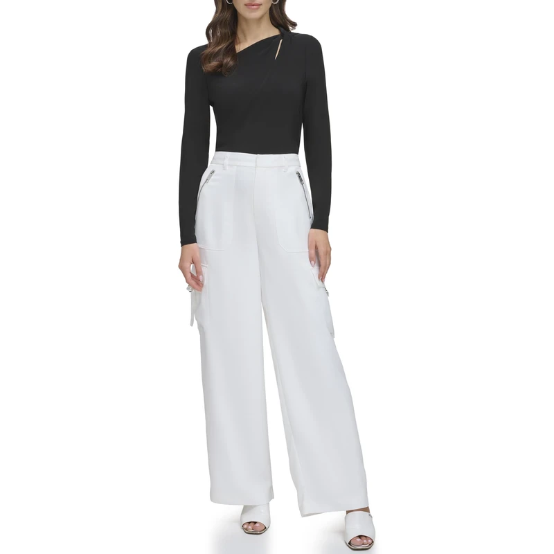 DKNY Women's Satin Cargo Trousers Casual Pants, Ivory,