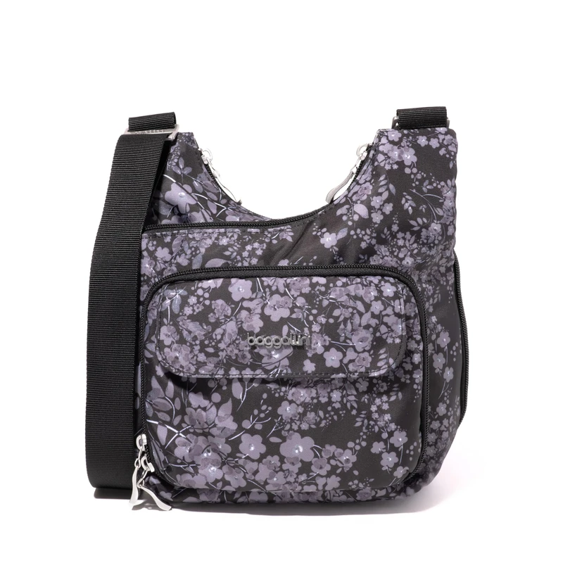 Baggallini Unisex-Adult Criss Cross 10x11 Crossbody Women Lightweight Water-Resistant Nylon Travel Bag W/RFID & Quick Access Pockets, Black Hydrangea, One Size