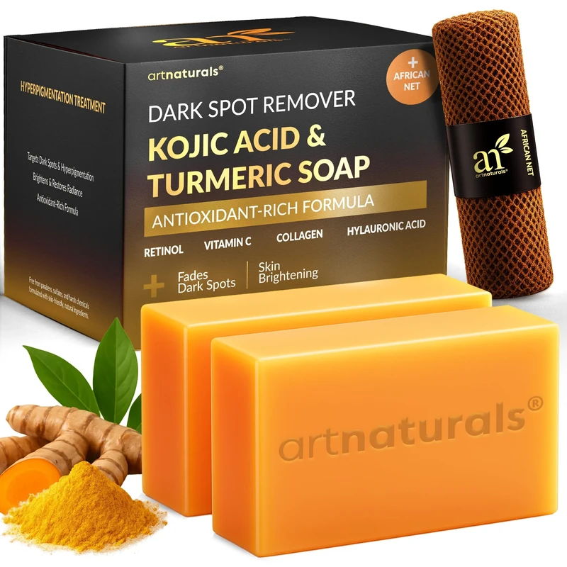 Kojic Acid Soap + African Net Sponge (2 pack X 142g Turmeric bars) Dark spot remover, Hyperpigmentation & Scars - Original Japanese Complex Vitamin C, Hyaluronic Acid, retinol, shea butter (Citrus) - Image 1