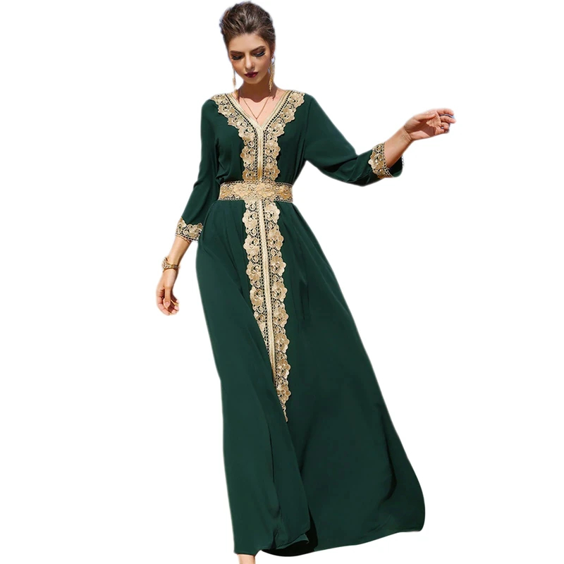 Odizli Abaya Dress for Women Dubai Sadui Bead Moroccan Kaftan Fancy Eid Dress, Dark Green, XXL