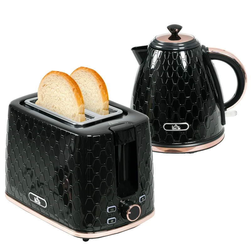 HOMCOM Kettle and Toaster Set, 1.7L 3000W Fast Boil Jug Kettle with Auto Shut Off, 2 Slice Toaster with 7 Level Browning Controls & Crumb Tray, UK Otter Thermostat, Black