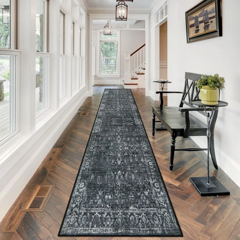 Morebes Black Vintage Carpet Runners for Hallway 12ft,Washable Long Runner Rug for Entryway Indoor Floor Non-Slip,Distressed Super Soft Throw Carpet for Farmhouse Dining Room Playroom