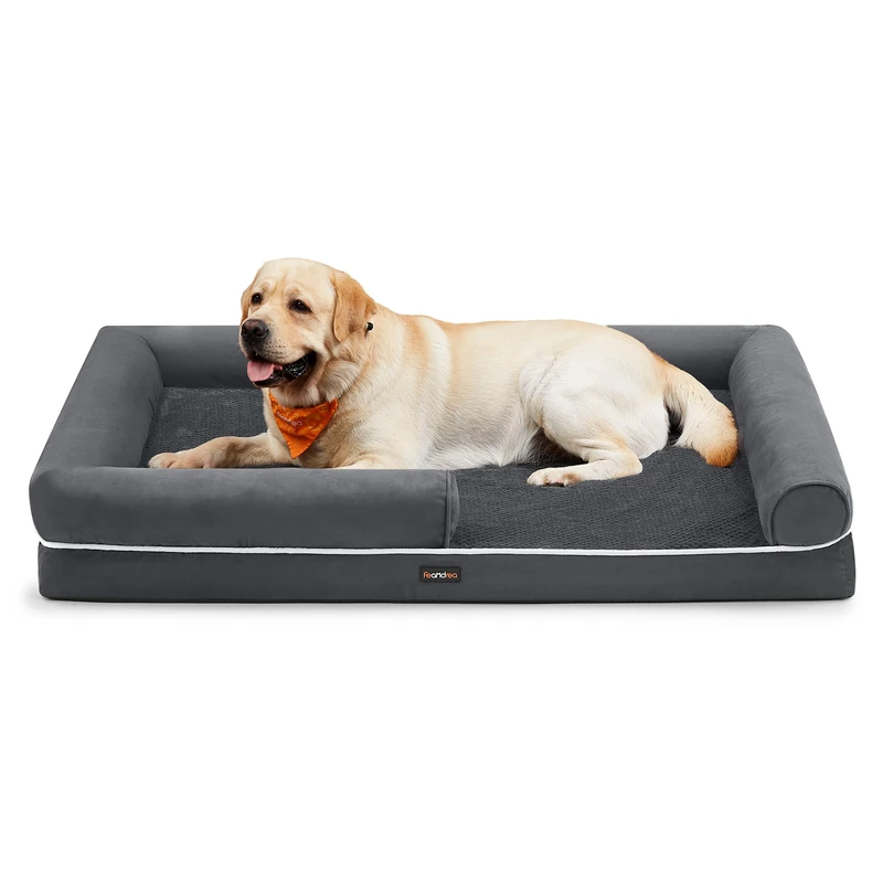 Feandrea Orthopedic Dog Bed, Dog Sofa with Sides, Removable Washable Cover, 135 x 107 x 23 cm, Non-Slip Bottom, Dark Grey PGW079G01V1