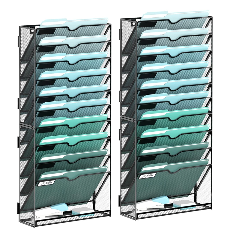 SUPEASY 2 Pack 11-Tier Hanging Wall File Organizer Mesh Office Mail Holder File Wall Organizer Magazine Rack Assembly Needed, Black