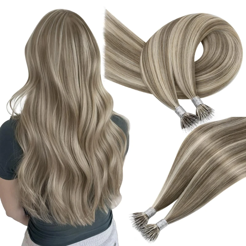 Easyouth Nano Hair Extensions Real Human Hair Highlight Blonde Nano Beads Hair Extension Light Brown Mixed Blonde Pre Bonded Hair Extensions Nanos Long Straight Hair for Daily Life 22 Inch 50g/50s
