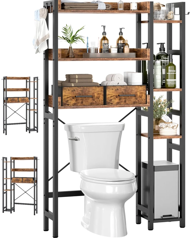 Over The Toilet Storage with 2 Drawers - 7 Tier Bathroom Organizer with Adjustable Shelf, Freestanding Space Saver Storage Rack Above Toilet Stand with 4 Hooks for Restroom, Laundry, Rustic Brown