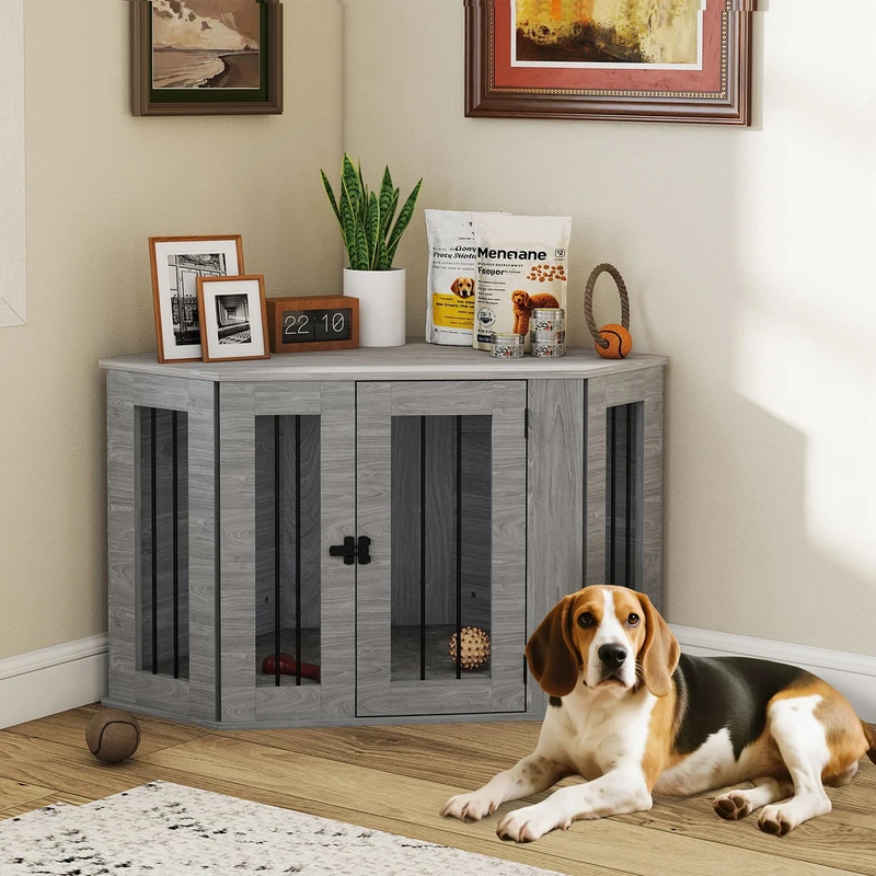 PawHut Dog Crate Furniture for Medium Dogs with Cushion - Grey