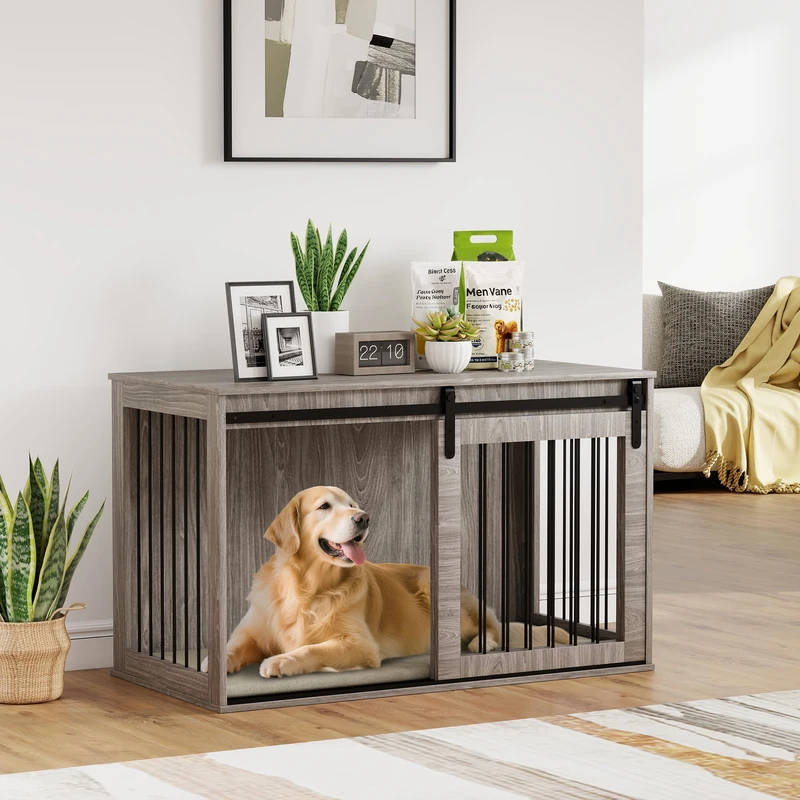PawHut Dog Crate Furniture, Heavy Duty Dog Cage with Barn Door for Extra Large Breeds, End Side Table Pet Kennel with Removable Cushion for Indoor Use, 118 x 60 x 73 cm, Walnut Brown